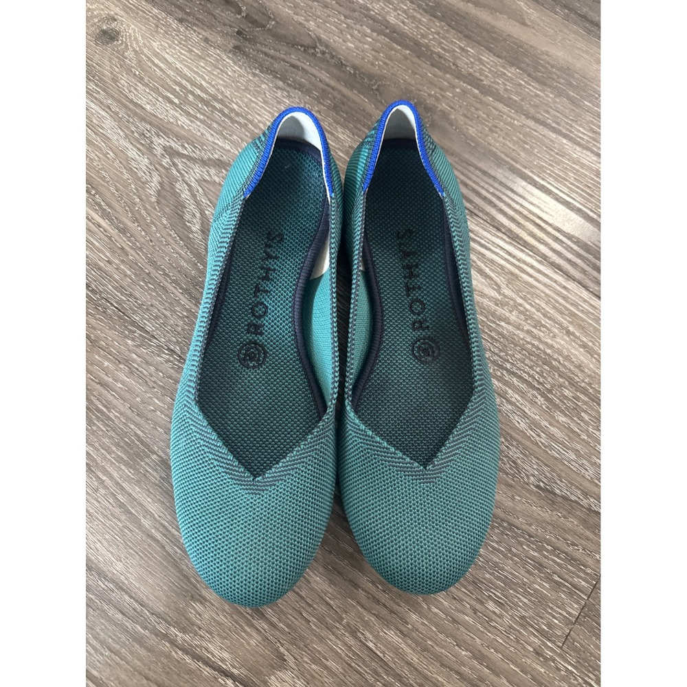 Rothys The Point Teal Green Blue Herringbone Knit Pointed Toe Flats Womens 7